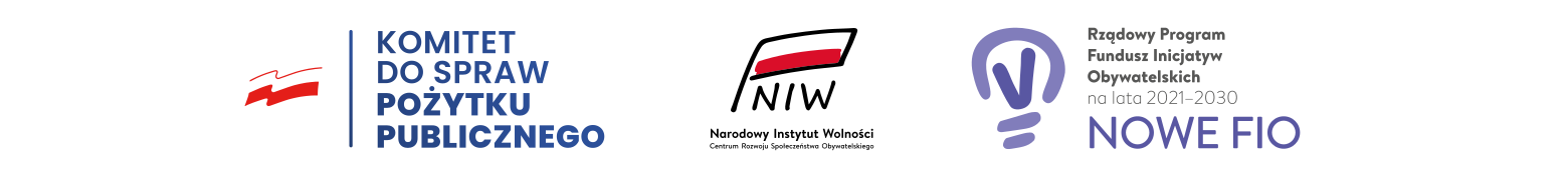 Logotypy: Komitet do Spraw Pożytku Publicznego, Narodowy Instytut Wolności, Rządowy Program Fundusz Inicjatyw Obywatelskich NOWE FIO